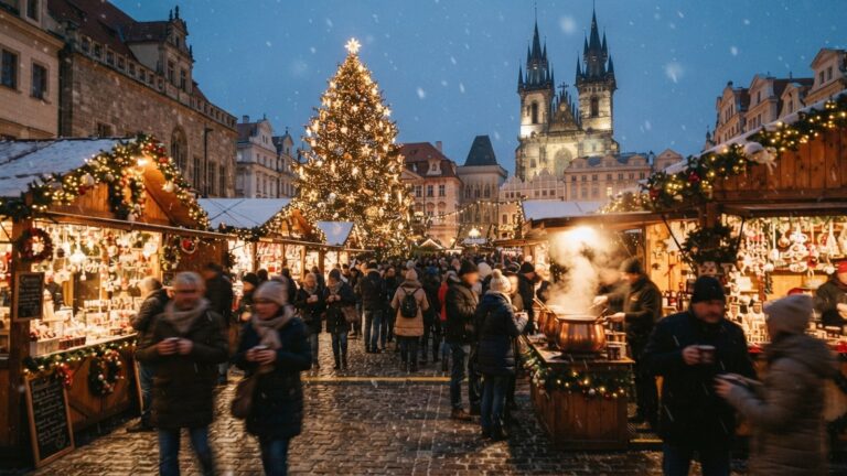 Vánoční trh na historickém náměstí se světly a stromem za soumraku
