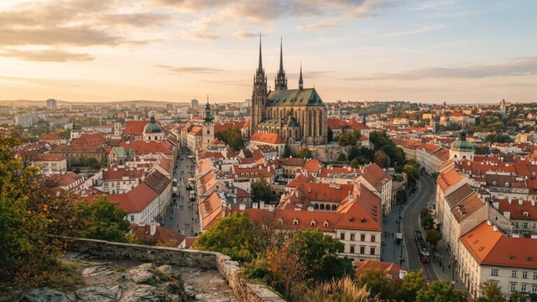 Katedrála sv. Petra a Pavla nad střechami Brna