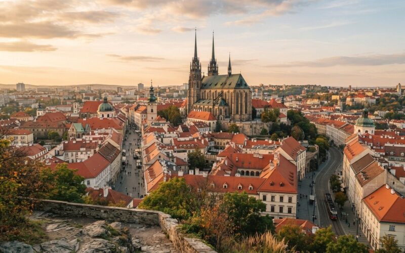 Katedrála sv. Petra a Pavla nad střechami Brna