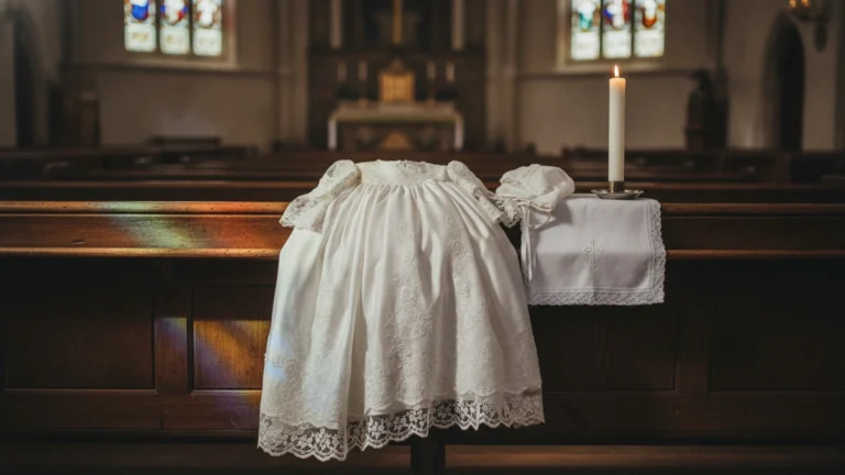 Bílá křestní košilka, rouška a svíce na kostelní lavici