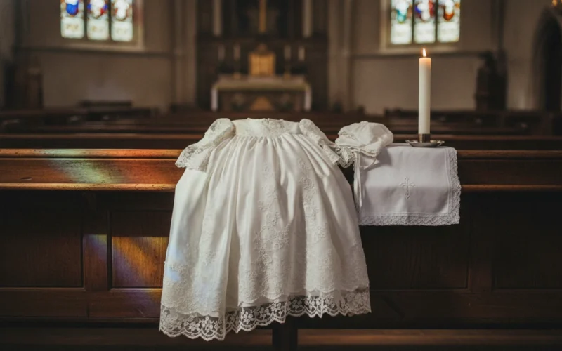 Bílá křestní košilka, rouška a svíce na kostelní lavici