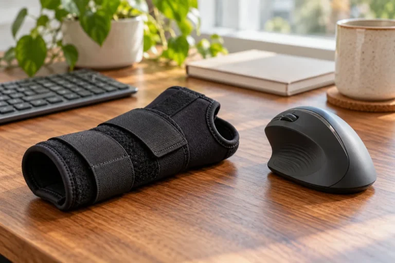 Černá ortéza zápěstí a ergonomická myš na pracovním stole.