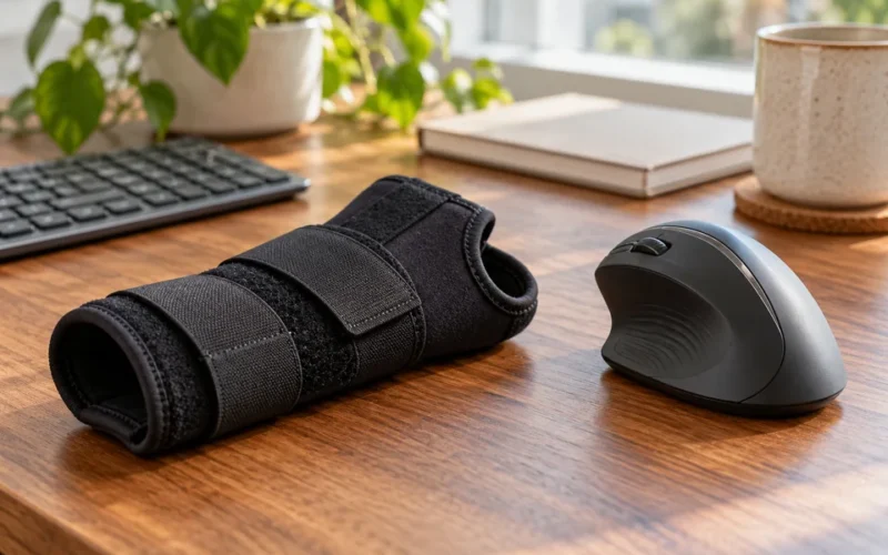 Černá ortéza zápěstí a ergonomická myš na pracovním stole.