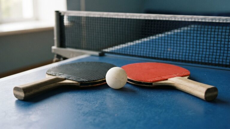Pálky na stolní tenis a míček na stole u síťky