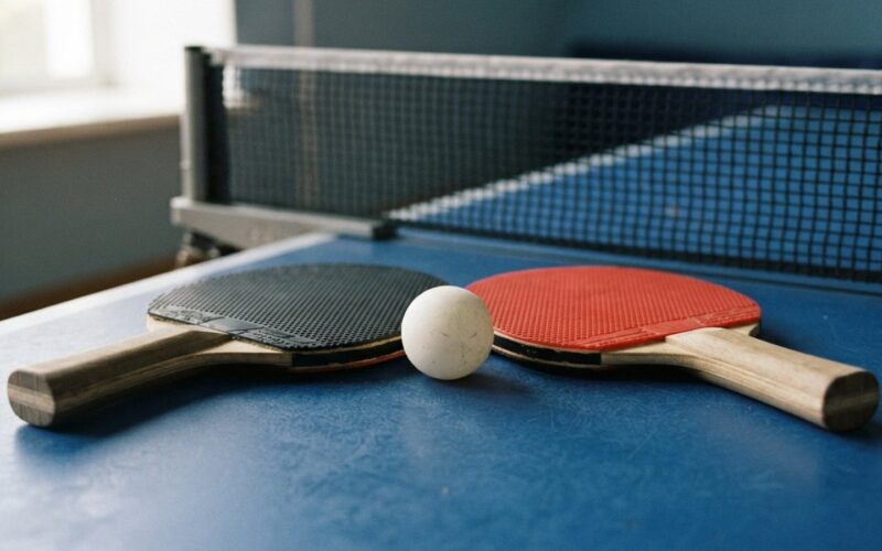 Pálky na stolní tenis a míček na stole u síťky