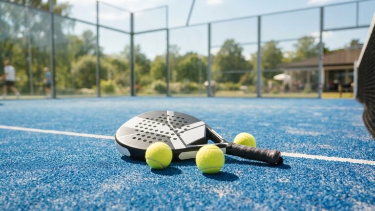 Raketa na padel a míčky na kurtu se skleněnými stěnami