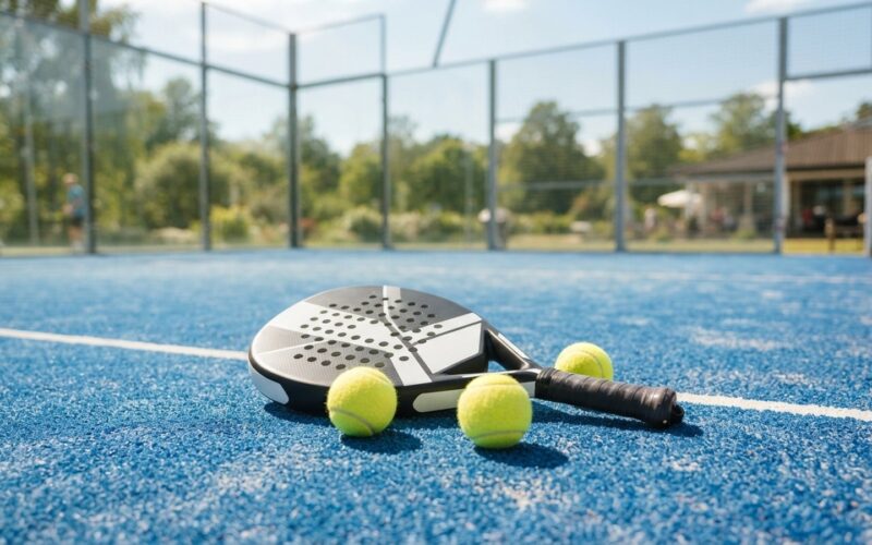 Raketa na padel a míčky na kurtu se skleněnými stěnami