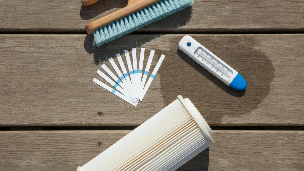 Testovací proužky, teploměr, kartáč a kartušový filtr