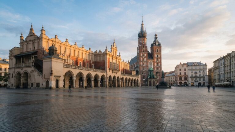Hlavní náměstí v Krakově se Sukennicemi a Mariánským kostelem