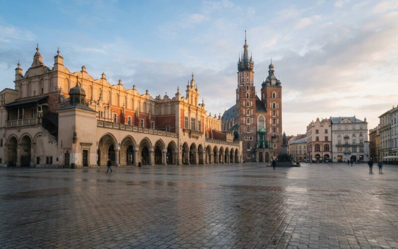 Hlavní náměstí v Krakově se Sukennicemi a Mariánským kostelem