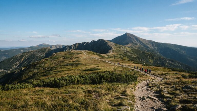 Hřebenová cesta v Krkonoších s výhledem na vrchol hory