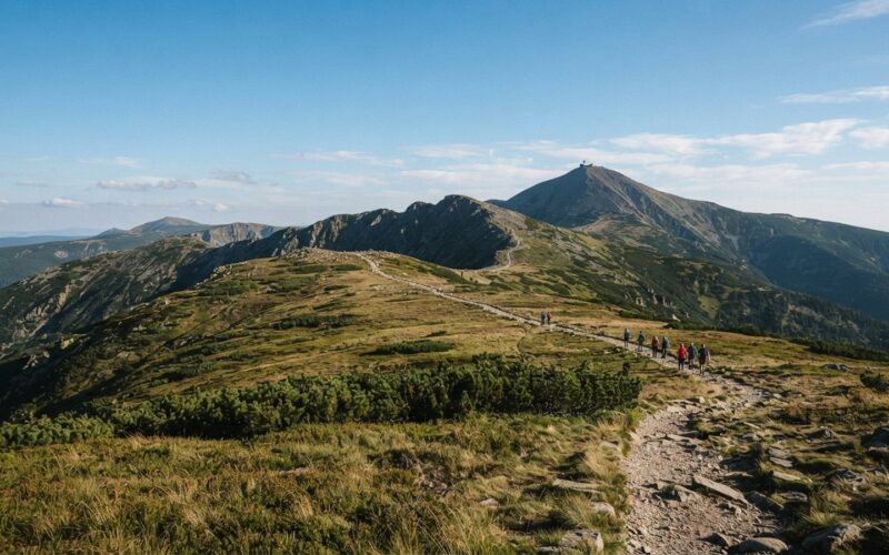 Hřebenová cesta v Krkonoších s výhledem na vrchol hory