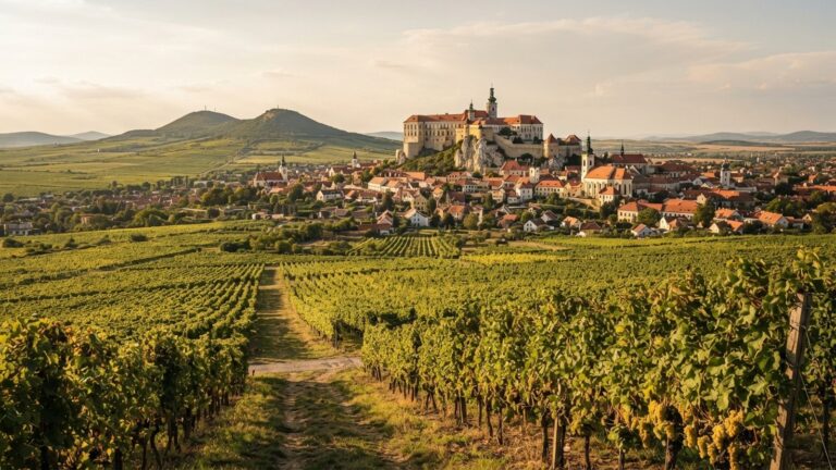 Pohled na Mikulov se zámkem na skále a vinicemi