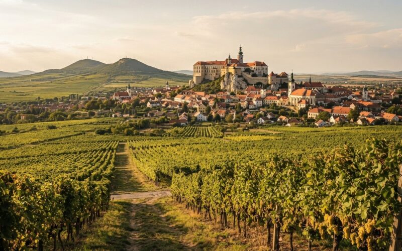 Pohled na Mikulov se zámkem na skále a vinicemi
