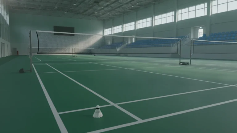 Prázdný badmintonový kurt se sítí a péřovým míčkem