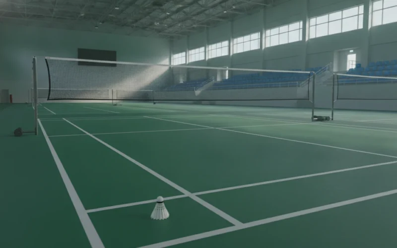 Prázdný badmintonový kurt se sítí a péřovým míčkem