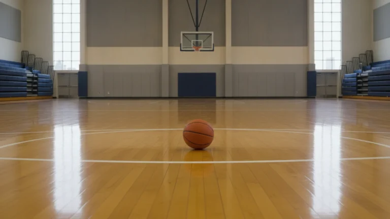 Prázdné basketbalové hřiště s košem a míčem
