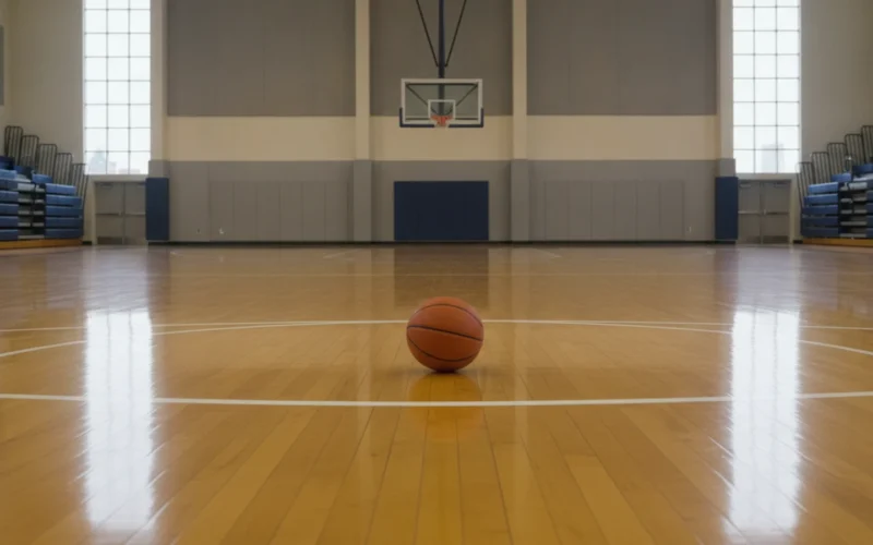 Prázdné basketbalové hřiště s košem a míčem