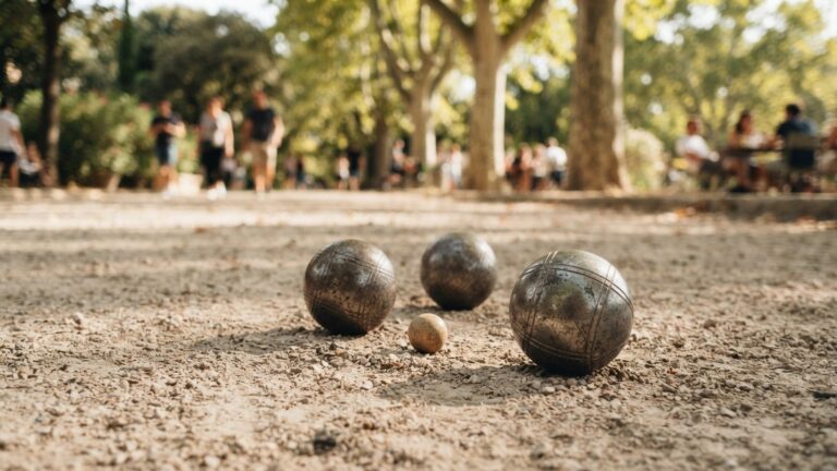Koule na pétanque a malá dřevěná košonka na štěrkovém hřišti