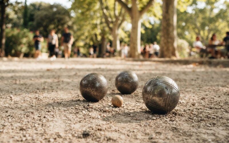 Koule na pétanque a malá dřevěná košonka na štěrkovém hřišti