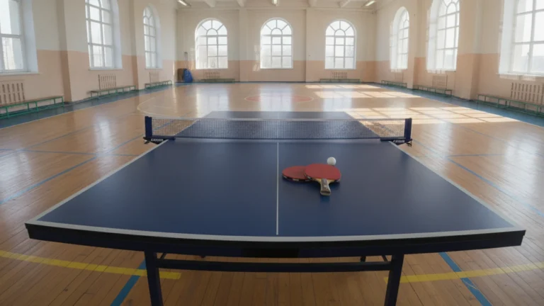 Stůl na stolní tenis s pálkami a míčkem