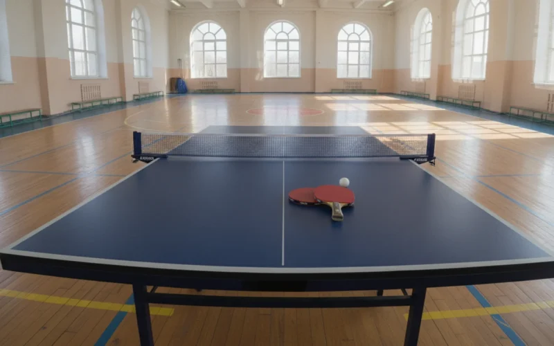 Stůl na stolní tenis s pálkami a míčkem
