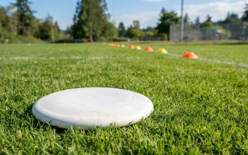 Létající disk na trávě sportovního hřiště