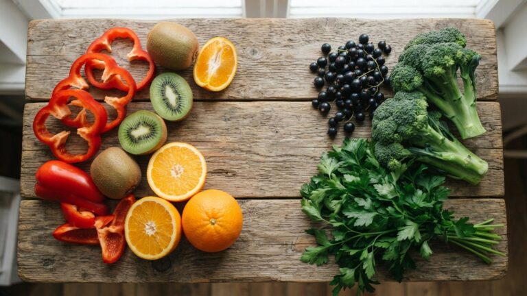 Červená paprika, kiwi, pomeranče, brokolice a rybíz na stole