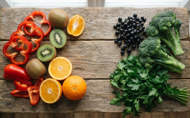 Červená paprika, kiwi, pomeranče, brokolice a rybíz na stole